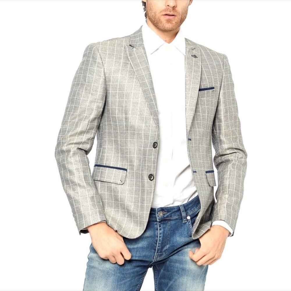 Dewberry Men's Tan Checked Blazer w/ Navy Trim